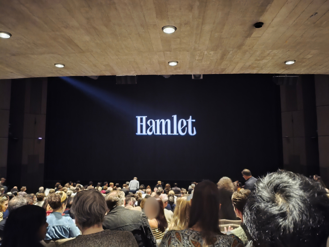 Photographie de l’intérieur d’un théâtre. Au premier plan, des personnes assises en rang ; au devant, une scène vide, avec le titre <q>Hamlet</q> projeté.