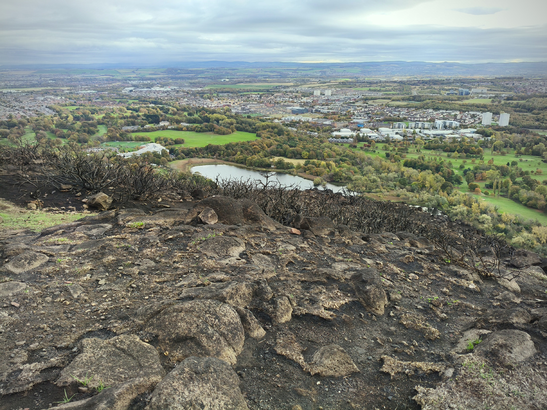 Photographie prise depuis un point haut. Au devant, des branches noires, et une terre comme brûlée, marron-noir contrastant avec la vue des prairies verdoyantes en contrebas. Derrière les prairies, on aperçoit un ensemble d’habitations.
