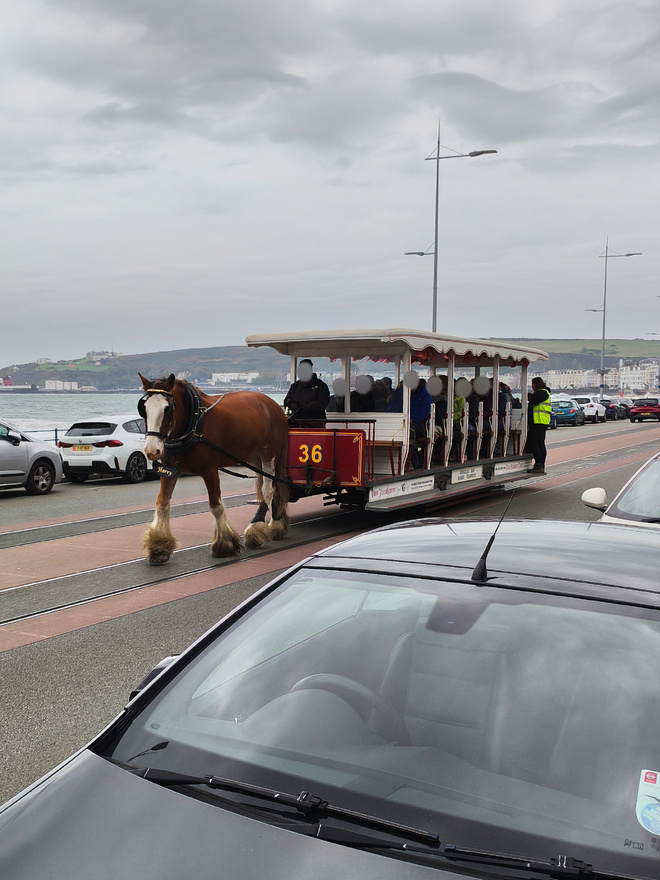 Photographie d’une calèche, dont les roues sont semblent se clipser sur des rails, qui se poursuivent vers l’horizon, et que le cheval suit. Dans la calèche, un groupe de personnes, et à l’avant un conducteur.